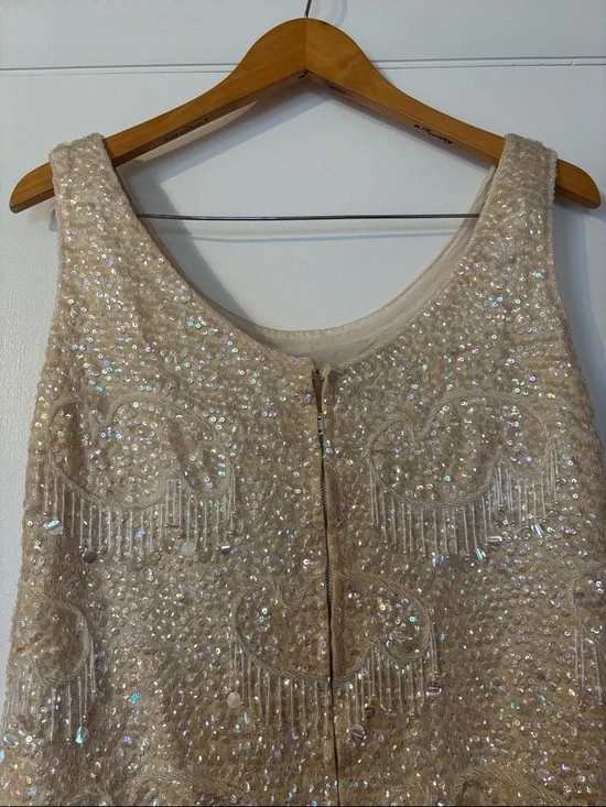 Vintage 60’s Beaded Sequins Cream Pastel Large Wool Embellished Bridal 50’ Large - Picture 10 of 17